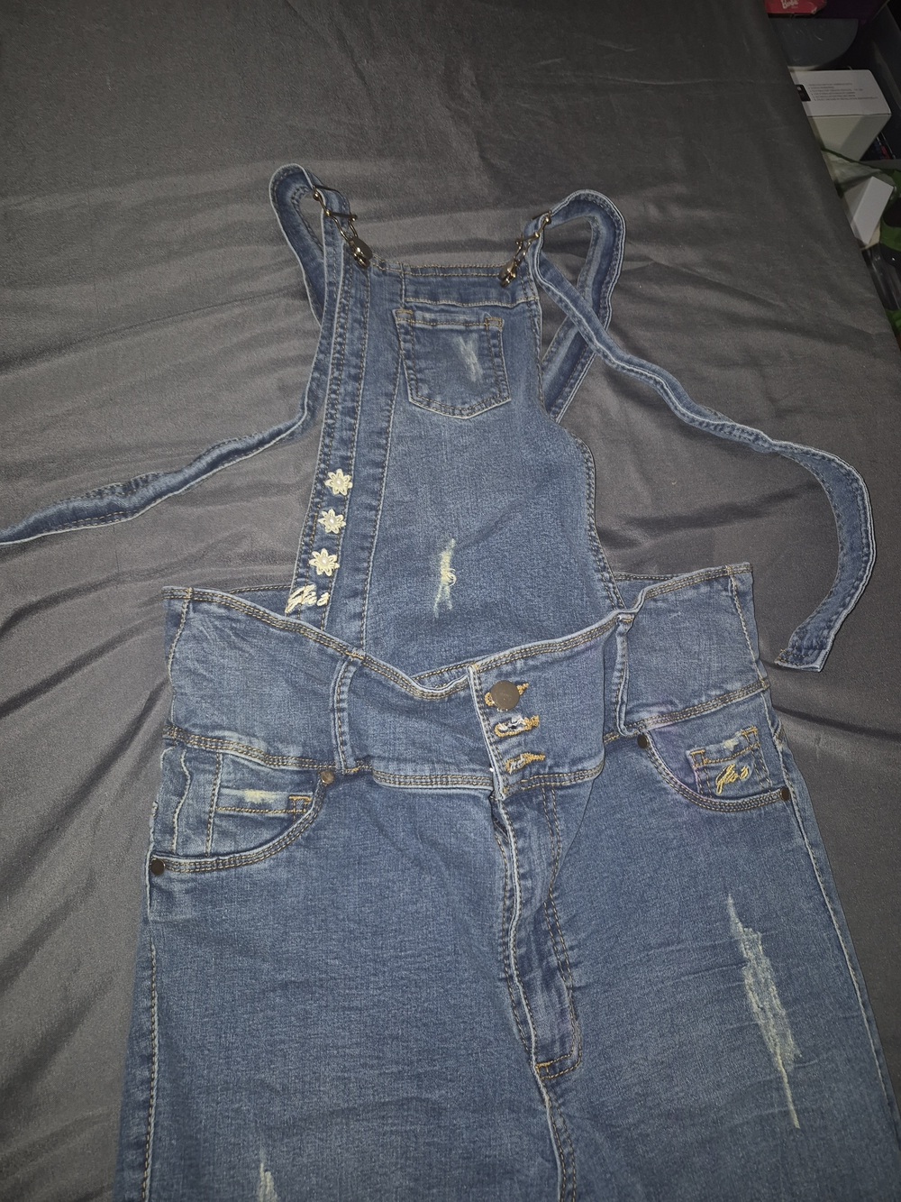 Women's Distressed Blue Denim Overalls with Adjustable Straps